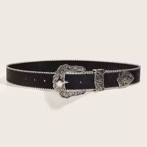 Elegant Black Leather Belt with Silver Buckle